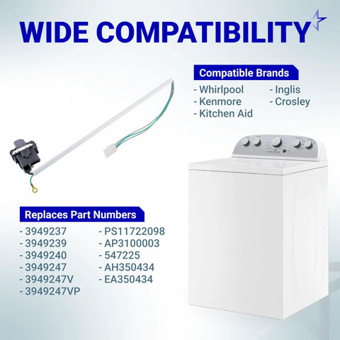 Upgraded Washer Lid Switch Replacement For Kenmore Whirlpool Direct Fit And No Brainer Install Replaces 3949247V 3949239 3949247VP PS11722098 AP5983746 PS350434 3949237 Durable Reliable Quiet Performance, compatible washer switch with wiring and top-load washer