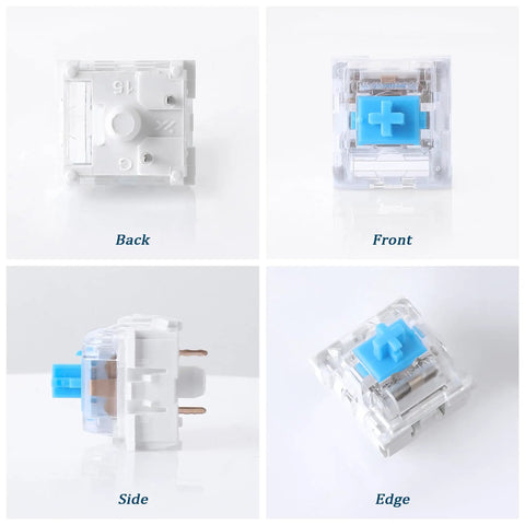 Fifty Pack 3 Pin Blue Clicky Mechanical Keyboard Switches For Typing And Gaming With 50gf Actuation Crisp Audible Feedback 2.2mm Actuation Point 4mm Travel Distance Durable Build For Tactile Lovers, clear top view