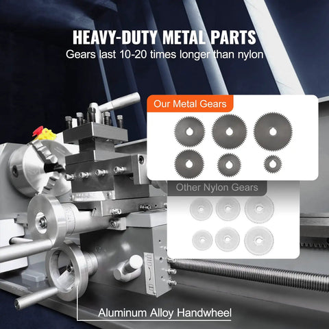 Premium Benchtop Metal Lathe With A Beefy 750W Brushless Motor and metal gears comparison against nylon gears.