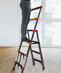 Person using 5-Foot Aluminum Telescoping A-Frame Ladder, Grab-And-Go Lightweight Portable Folding Step Ladder for home indoors