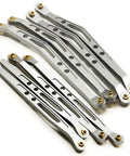Eight Piece Lower And Upper Suspension Link Rod Linkage Set For 1 To 10 Scale RC Wraith 90018 Made From Aluminum Alloy For Durable Off Road Performance With Smooth Suspension And Reduced Friction On Rough Terrain. Aluminum RC crawler suspension links with hardware, shown stacked on white.