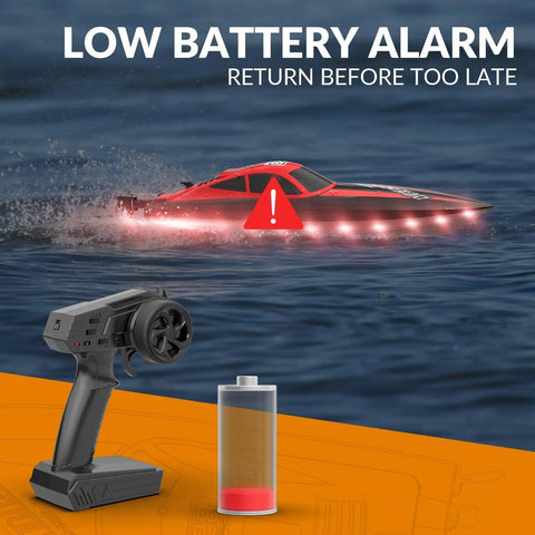 High Speed RC Boat With LED Hull Lights For Adults Up To 20 MPH Remote Control Boat 2.4GHz With Two Rechargeable Batteries For Pools And Lakes Red Gift Idea showing low battery alarm on water.