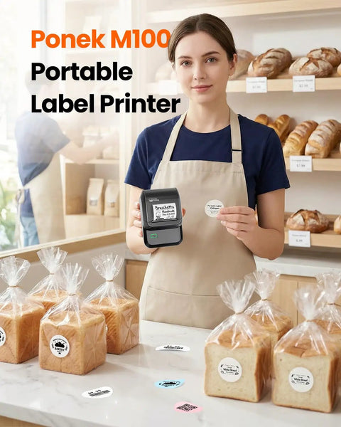 Dead Simple Wireless Bluetooth Label Printer With Tape Slick Portable Unit generates address and barcode labels, shown with bread.