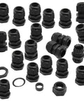 Rugged One Half Inch NPT Cable Glands Set in Black Nylon Waterproof Adjustable Strain Relief Cord Grips for Junction Boxes and Panels, 20 Pack