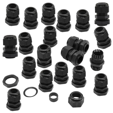 Rugged One Half Inch NPT Cable Glands Set in Black Nylon Waterproof Adjustable Strain Relief Cord Grips for Junction Boxes and Panels, 20 Pack
