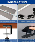 Prime Desk Real Estate Saver installation guide with measuring laptop, securing mount, and placing screw covers.