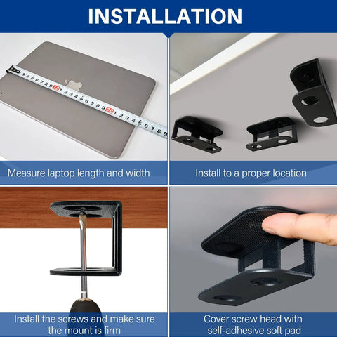 Prime Desk Real Estate Saver installation guide with measuring laptop, securing mount, and placing screw covers.