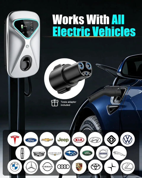 Fast Level 2 EV Charger 48 Amp 11.5kW 240V with NEMA 14-50 Plug beside electric car, compatible logos shown.