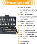 Open 47-piece tool kit with organized sockets, wrenches, and screwdriver heads in a green toolbox, product parameter list displayed