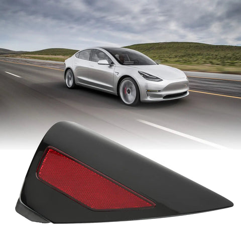 Bolt On Replacement Right Side Rear Bumper Reflector Cover With Bold Red Lens For Tesla Model 3 And Model Y 2017 To 2020 Models side view on road.