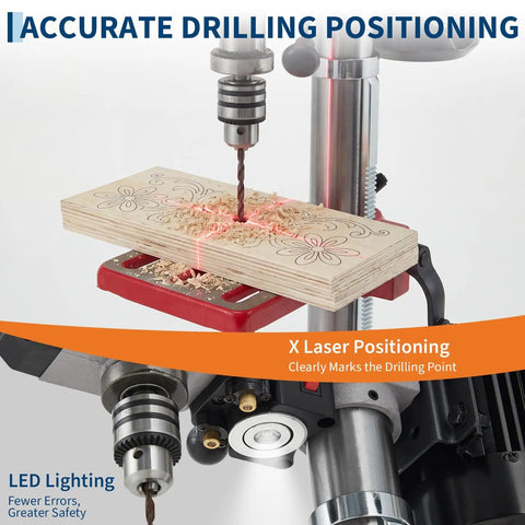 10 Inch Benchtop Drill Press With 5 Amp Variable Speed Motor And Led Light demonstrating laser positioning on wood.