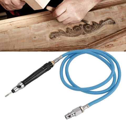 Heavy Duty Air Powered Pencil Die Grinder With 70000 RPM And 3 MM Collet, featuring a black body and blue hose, ideal for detailed woodwork.