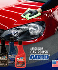 Black Car Polish 16 Oz For Deep Gloss And Scratch Repair On Dark Paints, shown with bottles and a hand waxing a red car hood