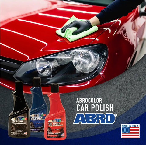 Black Car Polish 16 Oz For Deep Gloss And Scratch Repair On Dark Paints, shown with bottles and a hand waxing a red car hood