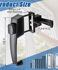 Two Pack Storm And Screen Door Push Button Latch Set For 5/8 To 1-1/4 Inch Thick Doors, black aluminum, product dimensions shown