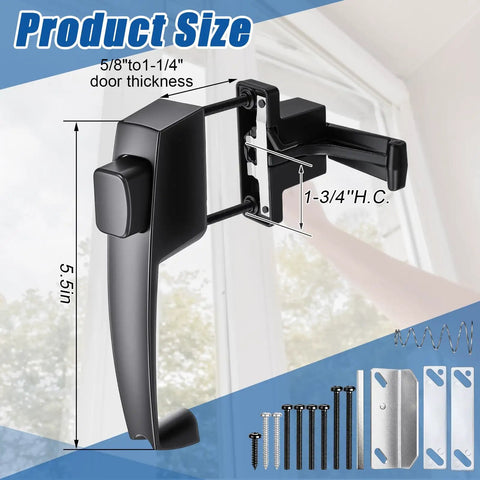 Two Pack Storm And Screen Door Push Button Latch Set For 5/8 To 1-1/4 Inch Thick Doors, black aluminum, product dimensions shown