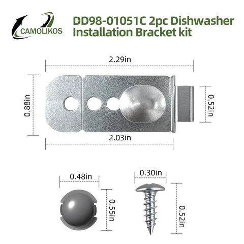 Beefy 2 Pack Dishwasher Installation Bracket Kit Made of Stainless Steel with dimensions and fasteners shown