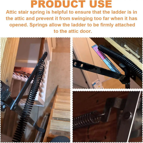 Close-up of installed attic ladder springs replacement kit for attic ladders, durable steel wire, 2 piece set with hooks.