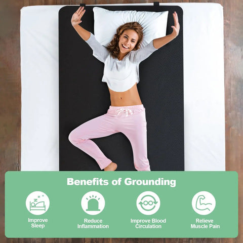 Woman relaxing on Grounding Mat For Better Sleep And Stress Relief With Breathable Sheets And Cord 27 By 71 Inch Half Size Pad