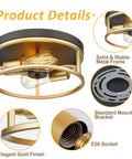 Black And Gold Flush Mount Ceiling Light Fixture Two Light Vintage Farmhouse Ceiling Mount product details