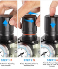 Step-by-step pressure adjustment for Pro Grade Industrial Air Dryer System 0-240 PSI 3/4 In NPT 3-Stage Setup with filters