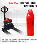 Top Rated 24V 20Ah Lithium Battery For Electric Forklifts Compatible With Heli And Jialift Pallet Trucks in warehouse setup.