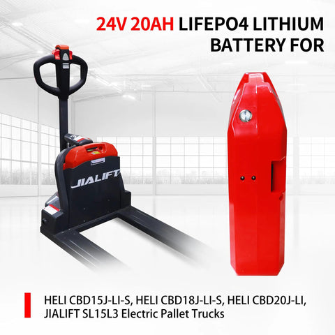 Top Rated 24V 20Ah Lithium Battery For Electric Forklifts Compatible With Heli And Jialift Pallet Trucks in warehouse setup.