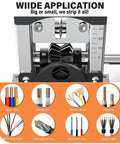Close-up of rugged wire stripping tool with hand crank or drill power for scrap copper, supported wire types shown in circles below