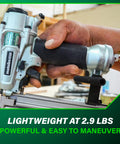 Close-up of hand holding Pro 18 Gauge Brad Nailer For Trim And Furniture Projects Pneumatic Finish Nail Gun With Aluminum Magazine