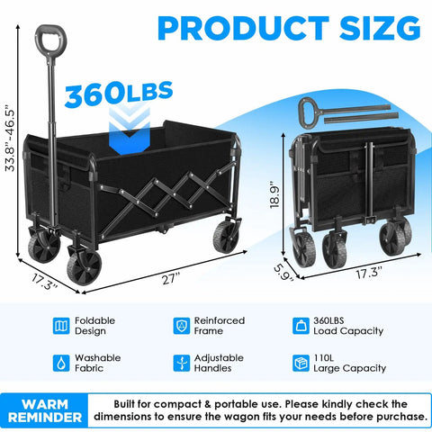 Foldable Collapsible Wagon Cart With Wheels That Holds Up To 360 Lbs, 600D Oxford Fabric, compact design, side and front views