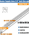 2 Pack 36 Inch Flexible Corrugated Water Heater Hose Connector Heavy Duty Hot Or Cold Water Supply Line Stainless 3/4 Inch FIP