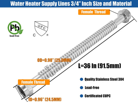 2 Pack 36 Inch Flexible Corrugated Water Heater Hose Connector Heavy Duty Hot Or Cold Water Supply Line Stainless 3/4 Inch FIP