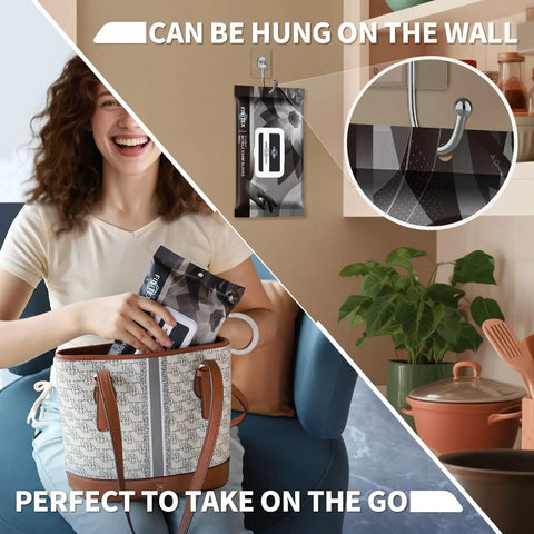 Heavy Duty 3.5 Mil Nitrile Disposable Gloves In Bold Black being stored in a handbag and hung on the wall, perfect for kitchen use.