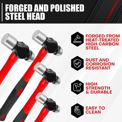 4 Piece Ball Peen Hammer Set For Metalworking, Includes 8 12 16 And 24 Oz Hammers With Forged Carbon Steel Heads, Fiberglass Handles