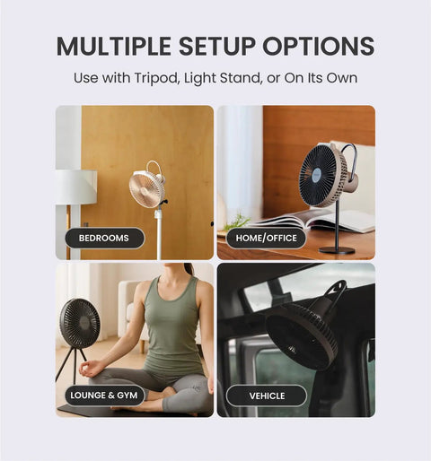 Warm Gray Rechargeable Portable Fan With 7800mAh Battery in various setups: bedroom, home/office, lounge/gym, and vehicle.