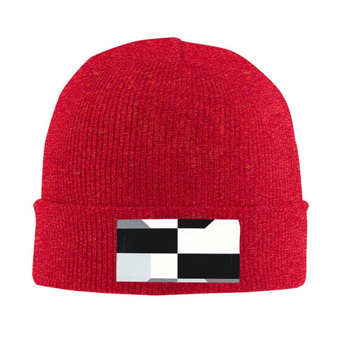 Black And White Piano Plate Grid Knit Beanie Soft Acrylic Winter Hat For Freezing Temperatures Keep Your Dome Straight Up Snug With This Rad Patterned Headwear For Daily Grind Or Weekend Vibe, red with a black and white label.