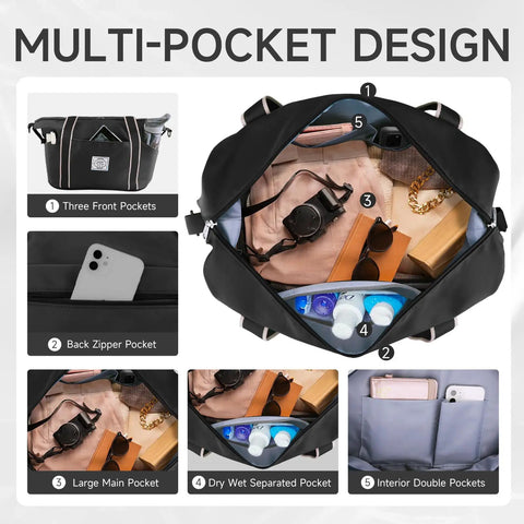 Travel Duffle Bag For Weekender And Overnight Carry On Waterproof Foldable Gym Luggage With Wet Compartment open to show interior pockets