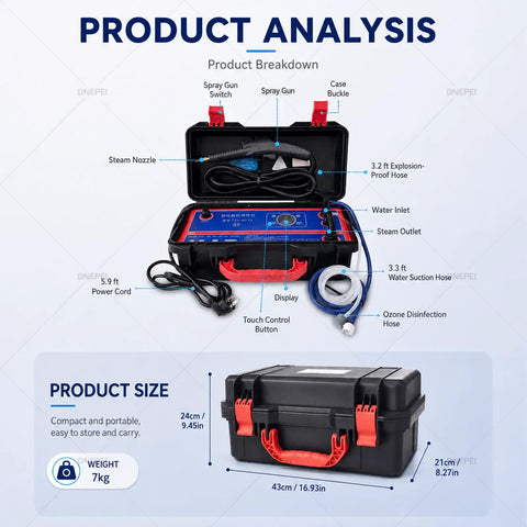 DNEPEI 3500W Handheld Tankless Steam Cleaner Machine With High Pressure Dry Vapor For Kitchens And Bathrooms Commercial Hot Water Sanitizer Quick Heat Up Tool For Grease Removal, product breakdown with components shown.