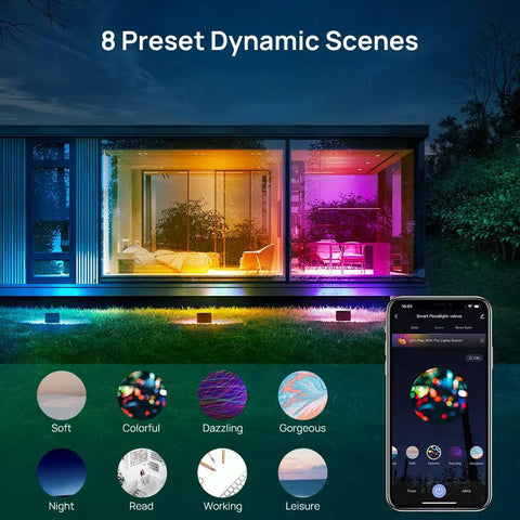 Smart WiFi RGB LED Flood Lights Outdoor With App Control And Alexa, IP66 Waterproof Uplights showing dynamic scenes at night.