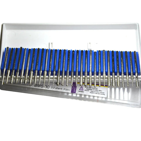 Thirty Piece Pro Grade Diamond Burr Bit Set with Ball Cone Cylinder Taper Flame Shapes for grinding and shaping jewelry glass stone