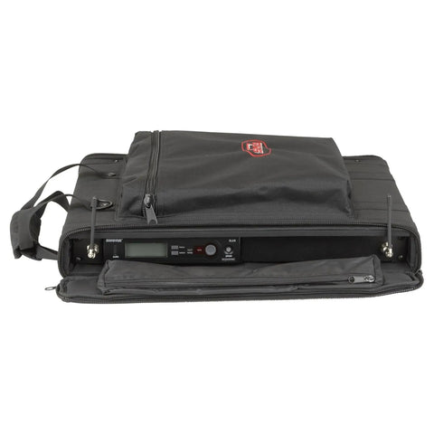 Front view of 1U Soft Rack Case On The Go For Wireless Gear With Steel Rails And Heavy Duty Zippers, showcasing interior.