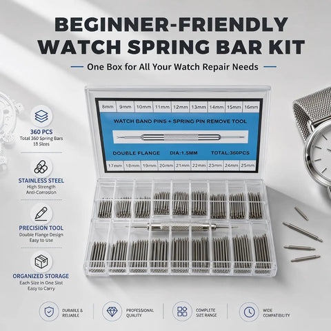 Top Shelf 360 Piece Watch Band Pins With Heavy Duty Link Pin Remover Tool For Quick Swap Adjustments And Rock Solid 316 Stainless Steel Fixes For Every Watch Style, organized kit with multiple sizes.