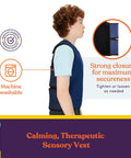 Side view of child wearing Adjustable Kids Weighted Vest For Deep Pressure Sensory Comfort With Removable Quarter And Half Pound Sandbags Front And Back Pockets Easy Fit Chill Calming Pressure Gear, with machine washable feature and strong closure for secure fit.