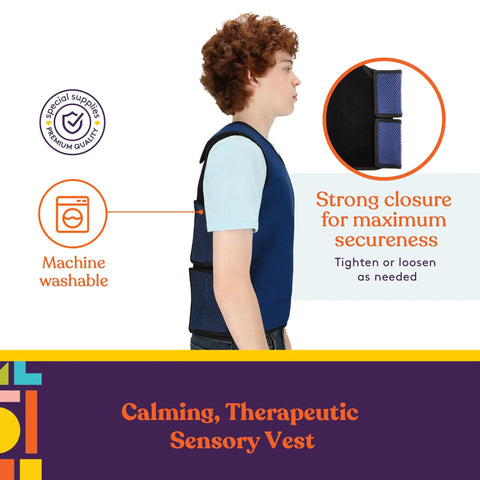 Side view of child wearing Adjustable Kids Weighted Vest For Deep Pressure Sensory Comfort With Removable Quarter And Half Pound Sandbags Front And Back Pockets Easy Fit Chill Calming Pressure Gear, with machine washable feature and strong closure for secure fit.