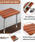 Fold Down Teak Shower Seat Wall Mount With Legs, Space Saving Shower Bench For Small Bathrooms shown folded and unfolded