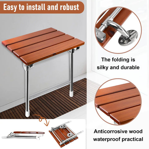 Fold Down Teak Shower Seat Wall Mount With Legs, Space Saving Shower Bench For Small Bathrooms shown folded and unfolded
