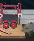 Rock Solid Bearing Roller Featherboards For Table Saw Aluminum double wheel guide on wood, hand pushing, saw blade visible.