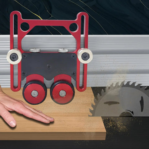 Rock Solid Bearing Roller Featherboards For Table Saw Aluminum double wheel guide on wood, hand pushing, saw blade visible.