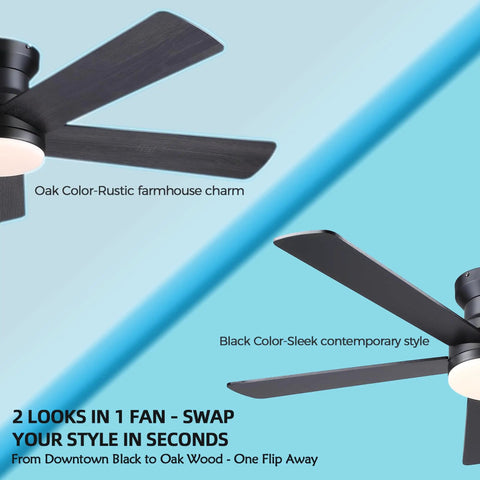 Slick 48 Inch Matte Black Flush Mount Ceiling Fan With Light For Modern Indoors showcasing two design options, black and oak wood finishes.
