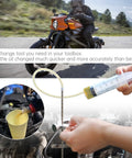 Motorcycle with a rider and All In One Front Fork Maintenance Kit For Motorcycles, Fork Seal Saver Cleaner 45mm To 55mm, syringe detail